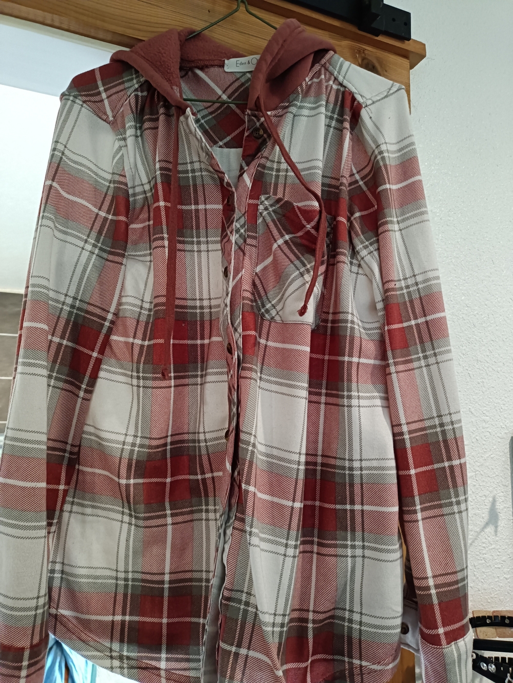 Eden & Olivia Red and White Plaid Hooded Button-Down Shirt